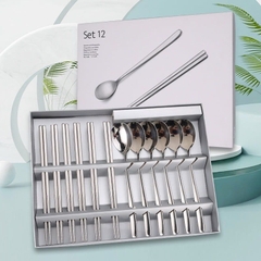 Hộp 12 thìa đũa chất liệu inox 304 không gỉ cao cấp, bộ 12 muỗng đũa Hàn Quốc inox A2461