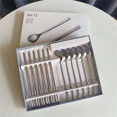 Hộp 12 thìa đũa chất liệu inox 304 không gỉ cao cấp, bộ 12 muỗng đũa Hàn Quốc inox A2461