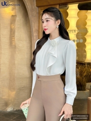 Sơ mi nhún cổ tròn hoa ngực trẻ trung, thời trang, thanh lịch UKFSM2408012
