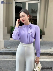 Sơ mi nhún cổ tròn hoa ngực trẻ trung, thời trang, thanh lịch UKFSM2408012