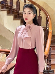 Sơ mi nhún cổ tròn hoa ngực trẻ trung, thời trang, thanh lịch UKFSM2408012