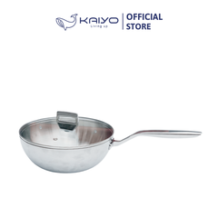 Chảo inox 316 liền khối 5-ply Premium Kaiyo -sâu lòng có vung kính 24cm