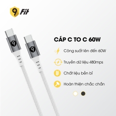 Combo sạc nhanh 9Fit Power Delivery 65W 1A2C kèm Cáp USB-C to USB-C hỗ trợ công nghệ GaN, PD, PPS màu trắng