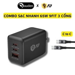 Combo sạc nhanh 9Fit Power Delivery 65W 1A2C kèm Cáp USB-C to USB-C hỗ trợ công nghệ GaN, PD, PPS màu đen