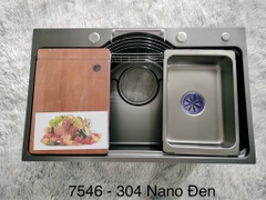 Chậu Rửa Bát, 1 To Hố, Inox 304 Mạ Nano Đen Chống Xước, Kèm Chậu Inox+Thớt Gỗ+Xi Phông, KT D75xR46xC23