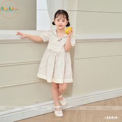 Váy bé gái linen in hoa xanh phối ren A0414