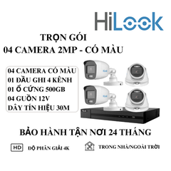 (HILOOK) Bộ Kit 4 Camera Cố Định Trong Nhà Và Ngoài Trời (2MP - Có Màu Ban Đêm)