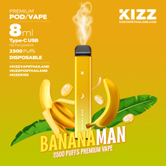 KIZZ Disposable 2500 puffs Banana Man : Chuối | 2%-3%-5% | 8ml | Mesh coil | 650mAh | USB Type C | vapeland.vn