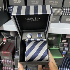 Cà vạt nam màu xanh kẻ trắngkèm hộp bản nhỏ 6cm dành cho nam thanh niên set đầy đủ mẫu t11-2023 Giangpkc 011-46