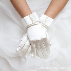 Găng tay cô dâu vải phi đính nơ xếp viền hạt trai mẫu mới t12/2023