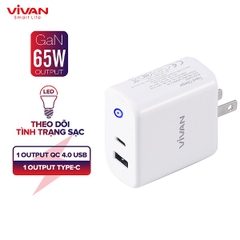 Củ sạc nhanh VIVAN GaN 65W chân sạc US/EU  có thể tháo rời 2 cổng sạc USB/Type-C - Trắng