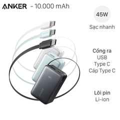 Pin sạc dự phòng Anker A1638 10000mAh PD QC 3.0 45W kèm cáp Type C