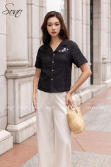 SONO - Áo linen cổ danton thêu nắp túi