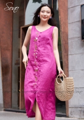 SONO - Đầm linen cổ tim thêu dọc