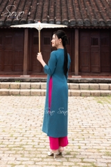 SONO - Áo dài xanh cổ vịt thêu hoa sen