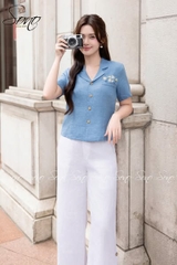 SONO - Áo linen cổ danton thêu nắp túi