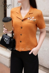 SONO - Áo linen cổ danton thêu nắp túi