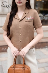 SONO - Áo linen cổ danton thêu nắp túi