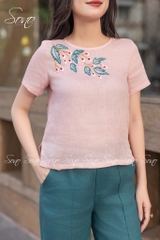 SONO - Áo linen thêu cành lá xanh