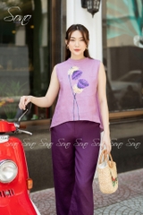 SONO - Áo linen sát nách vẽ búp sen