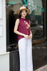 SONO - Áo linen sát nách vẽ búp sen