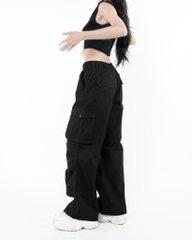 Quần Cargo Nữ Kaki Túi Hộp Ống Rộng Y2k 100% Cotton Mềm Màu Đen | KQSTYLING WIDE