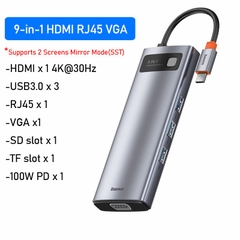 Hub chuyển đa năng Baseus Metal Gleam Series Multifunctional Docking Station ( Type-C to HDMI/ USB3.0/ LAN / SD Card Reader/ Type C PD 100W, Multifunctional HUB)