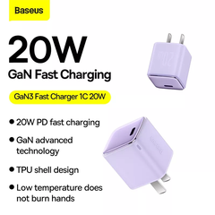 Củ Sạc Nhanh, Siêu Nhỏ Gọn Baseus GaN3 1C 20W cho iPhone/ iPad/ Samsung/ Xiaomi/ Huawei (PD/ QC Multi Quick Charge Support, Smart Protect)