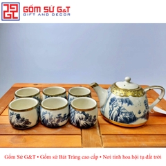 Bộ siêu quai sứ sơn thủy men rạn bọc đồng