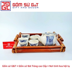 Bộ trà vẽ kẻ sóng khay gỗ