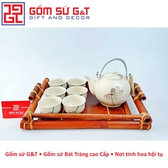 Bộ trà quả đào vẽ sen khay gỗ