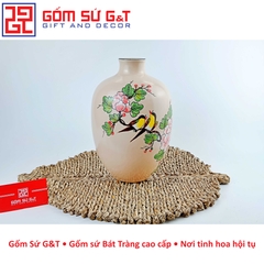 Lọ hoa dáng đèn lồng miệng nhỏ vẽ chim hoa phù dung