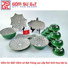 Bộ đồ ăn 10 người men xanh đồng vẽ hoa bèo