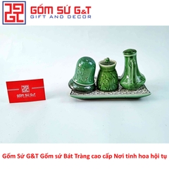 Bộ đựng gia vị men xanh ồng vẽ hoa bèo