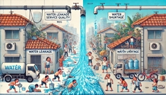 Hình minh họa mới với một bên là nước rò rỉ chảy tràn lan và một bên là tình trạng thiếu nước với nước nhỏ giọt. Hy vọng hình ảnh này sẽ giúp bạn truyền tải vấn đề một cách rõ ràng và hiệu quả.