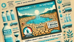 Hình minh họa về hậu quả của thất thoát nước, cụ thể là mất tài nguyên nước, với ước tính mỗi năm Việt Nam mất khoảng 1 tỷ m³ nước sạch. Hình ảnh bao gồm các yếu tố như hồ chứa nước đang cạn, mặt đất nứt nẻ, và các đồng hồ nước cho thấy lượng nước bị mất cao. Hy vọng hình ảnh này sẽ giúp bạn truyền tải vấn đề một cách rõ ràng và hiệu quả.