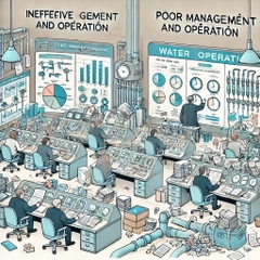 Quản lý vận hành không hiệu quả: một phòng điều khiển lộn xộn với thiết bị cũ, nhân viên căng thẳng và giấy tờ rải rác