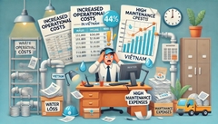 Hình minh họa về tăng chi phí vận hành do thất thoát nước tại Việt Nam. Hình ảnh bao gồm nhân viên căng thẳng trong văn phòng công ty cấp nước, hóa đơn chồng chất, ống nước bị vỡ cần sửa chữa thường xuyên, và biểu đồ tài chính cho thấy chi phí ngày càng tăng. Hy vọng hình ảnh này sẽ giúp bạn truyền tải vấn đề một cách rõ ràng và hiệu quả.