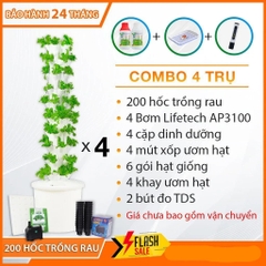 Combo 4 Trụ đứng Trồng Rau Thủy Canh kèm 4 cặp DD/Bơm/mút xốp/Hạt giống/Khay ươm