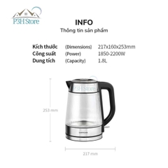 Ấm đun siêu tốc Lock&Lock 1.8L thân bình thủy tinh công suất 1850W - 2200W EJK256BLK P3H