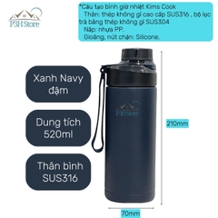 Bình giữ nhiệt Kims Cook 520ml thép không gỉ SUS316 cao cấp nắp vặn kín hơi dây xách tiện lợi XB-19124 P3H Store