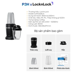 Máy Xay Sinh Tố LocknLock Duo Turbo Blender EJM452BLK – Xay Đá Mạnh Mẽ, 2 Bình Tiện Lợi (950ml & 500ml) P3H