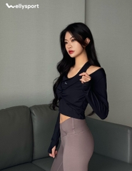 Áo Dài Tay Nữ Xoắn Eo, Màu Đen, Welly Sport, Mã NDT08