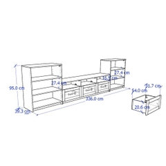 KALUA, COMBO Bộ đôi tủ 3 tầng kết hợp kệ TV 3 hộc kéo STO_054, 336x41x95cm