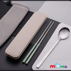 Bộ thìa đũa-muỗng đũa inox có hộp đựng bằng nhựa lúa mạch bảo vệ môi trường, kèm túi dây rút_HK045(giao màu ngẫu nhiên)