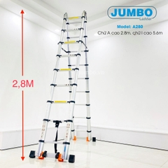 Thang rút nhôm chữ A cao cấp JUMBO A280 Cao 2.8 - 5.6 Mét