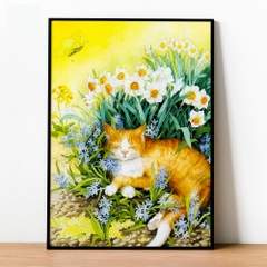 Tranh số hóa - Mèo bên hoa đã căng khung 40x50cm 31 màu
