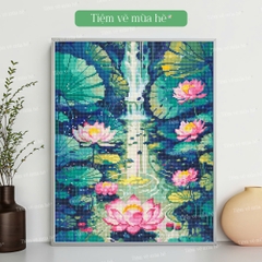 Tranh đính đá Hoa sen dưới thác đã căng khung 40x50cm có backboard