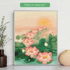 Tranh đính đá 7 bước hoa sen đã căng khung 40x50cm có backboard