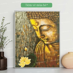 Tranh đính đá Phật sen vàng đã căng khung 40x50cm có backboard
